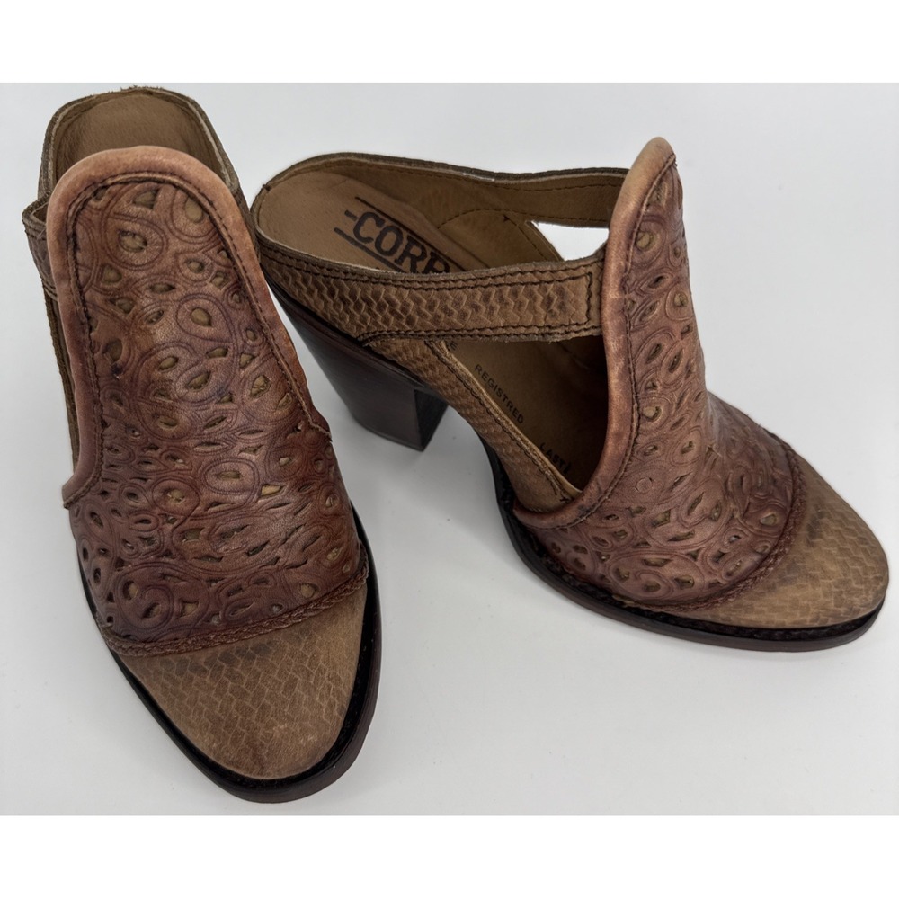 Corral Mule Heels Women 6M Brown Tooled Leather Western Slip On - Picture 10 of 12